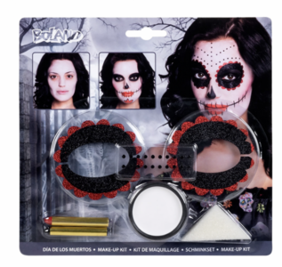 Make-up kit Day of the dead (2 eye decorations, sticker sheet with 20 gems, grease face paint and sponge)