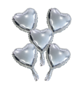 5 Foilballoons heart w/paper straw 9" silver
