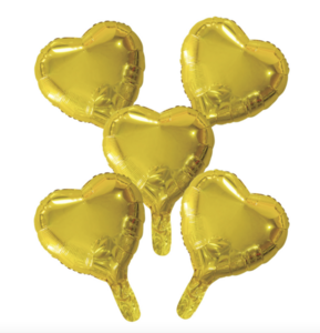 5 Foilballoons heart w/paper straw 9" gold