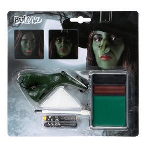 Make-up kit Witch (witch nose, grease face paint, sponge and applicator)