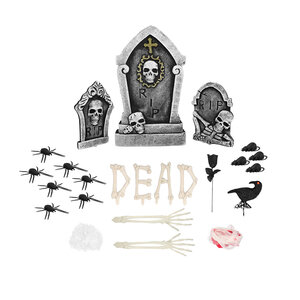 Grafsteen decoratieset (3 grafstenen, 2 skelet armen, 4 botten in de vorm van letters DEAD, zwarte kraai, zwarte bloem, 4 ratten, 7 spinnen, bebloed verband, spinrag)