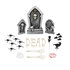 Grafsteen decoratieset (3 grafstenen, 2 skelet armen, 4 botten in de vorm van letters DEAD, zwarte kraai, zwarte bloem, 4 ratten, 7 spinnen, bebloed verband, spinrag)_